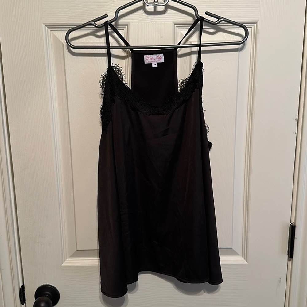 Pink Lily Black Tank with Lace Detail